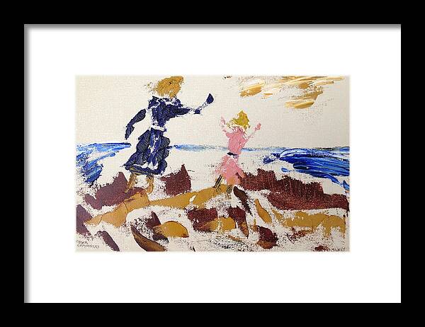 Oil Framed Print featuring the painting Sisters in the sand dunes by Roger Cummiskey