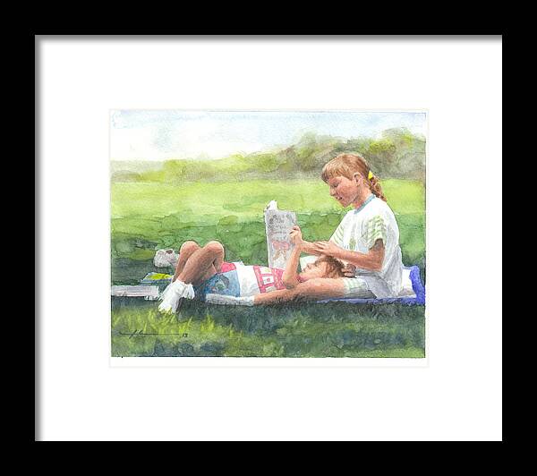 <a Href=http://miketheuer.com Target =_blank>www.miketheuer.com</a> Sisters Reading Watercolor Portrait Framed Print featuring the drawing Sisters Reading Watercolor Portrait by Mike Theuer