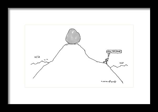 Captionless Sisyphus Framed Print featuring the drawing Sisyphus Balances The Boulder At The Top by Michael Crawford