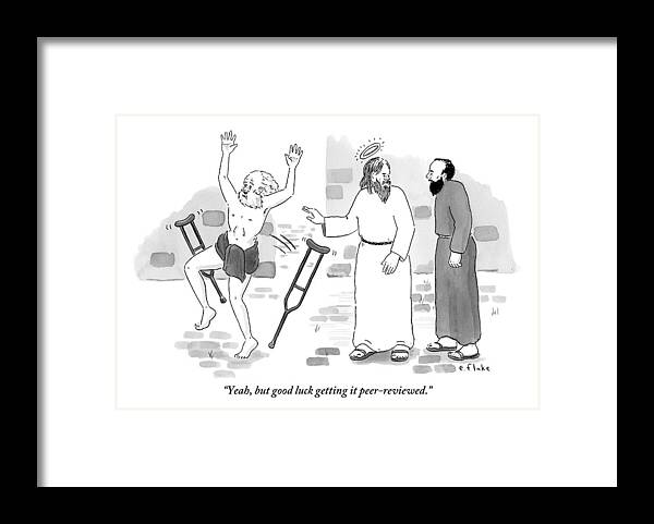 #condenastnewyorkercartoon Framed Print featuring the drawing Skeptical Monk Tells An Angel Who by Emily Flake