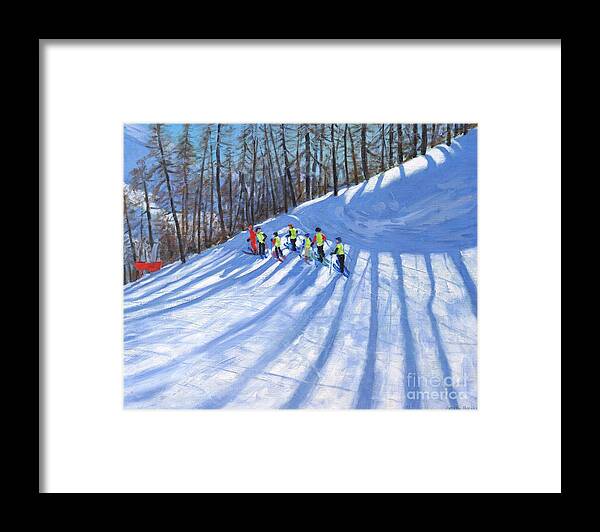 Ski Framed Print featuring the painting Ski lesson by Andrew Macara