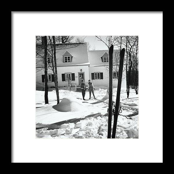 Exterior Framed Print featuring the photograph Skiers By A Ski Resort Cottage by Toni Frissell