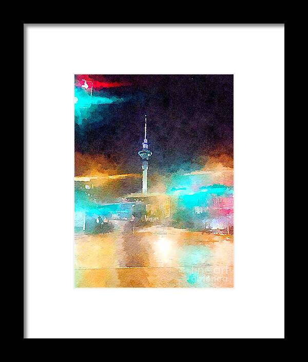 Sky Tower Framed Print featuring the painting Sky Tower by night by HELGE Art Gallery