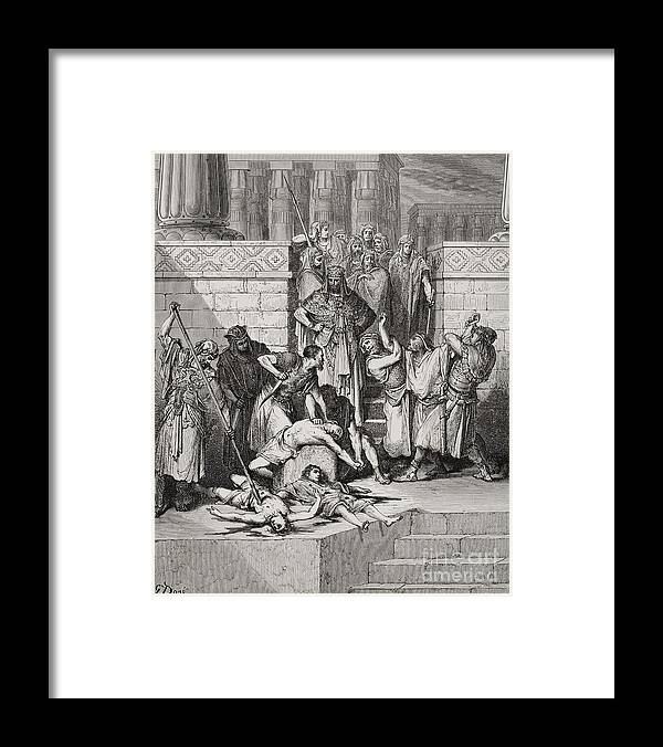 Killing Framed Print featuring the drawing Slaughter of the Sons of Zedekiah before their Father by Gustave Dore