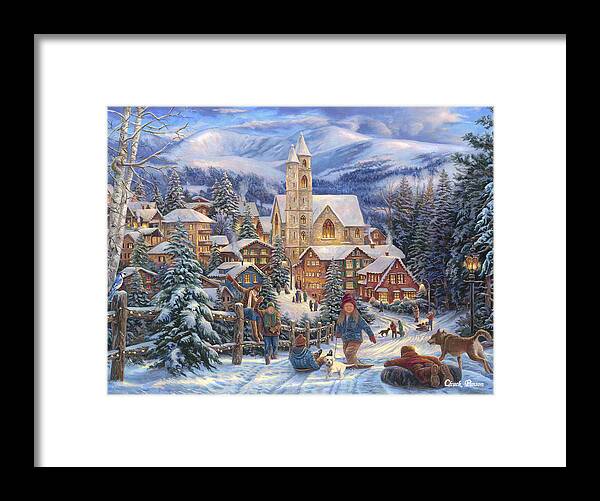 Christmas Village Framed Print featuring the painting Sledding to Town by Chuck Pinson