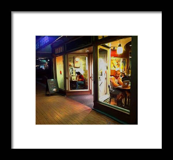 Night Scene Framed Print featuring the photograph Slow Saturday Nite and the Coffee Shop by Peggy Dietz