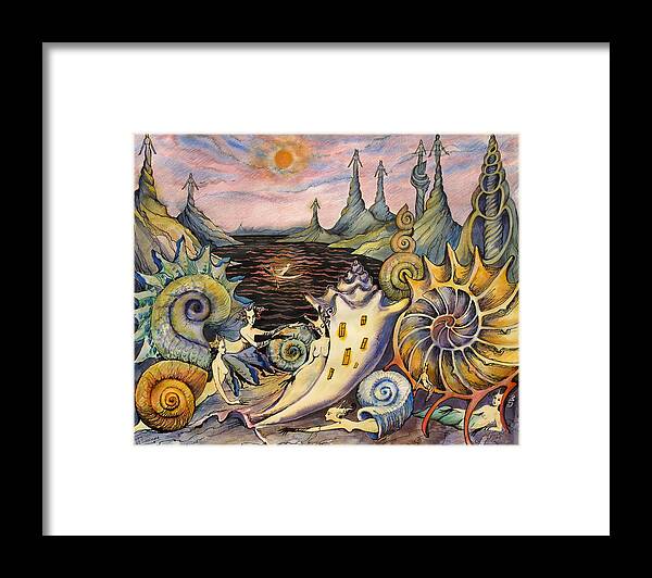 Fantasy Framed Print featuring the painting Snail City by Valentina Plishchina