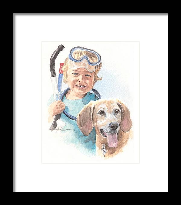 <a Href=http://miketheuer.com Target =_blank>www.miketheuer.com</a> Snorkling Boy And Dog Watercolor Portrait Framed Print featuring the drawing Snorkling Boy And Dog Watercolor Portrait by Mike Theuer
