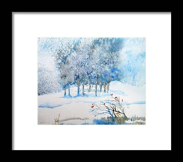 Dramatic Snowfalls Framed Print featuring the painting Snow Blizzard in the Grove by Trudi Doyle