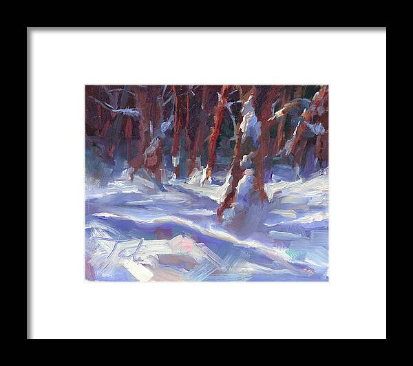 Impressionism Framed Print featuring the painting Snow Laden - winter snow covered trees by Talya Johnson