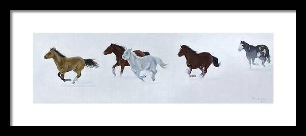 Horses Framed Print featuring the painting Snow Racing by Roseann Munger