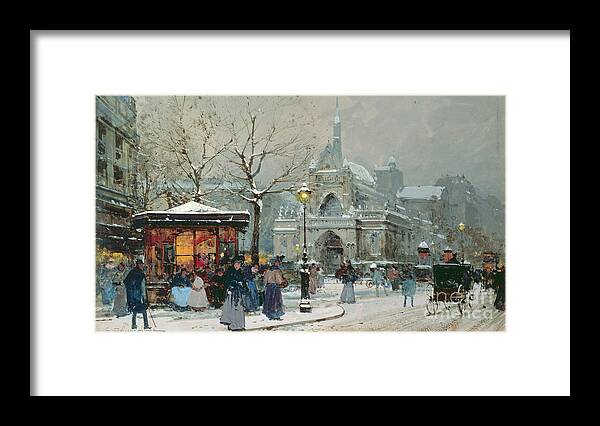 Gas Light Framed Print featuring the painting Snow Scene in Paris by Eugene Galien-Laloue