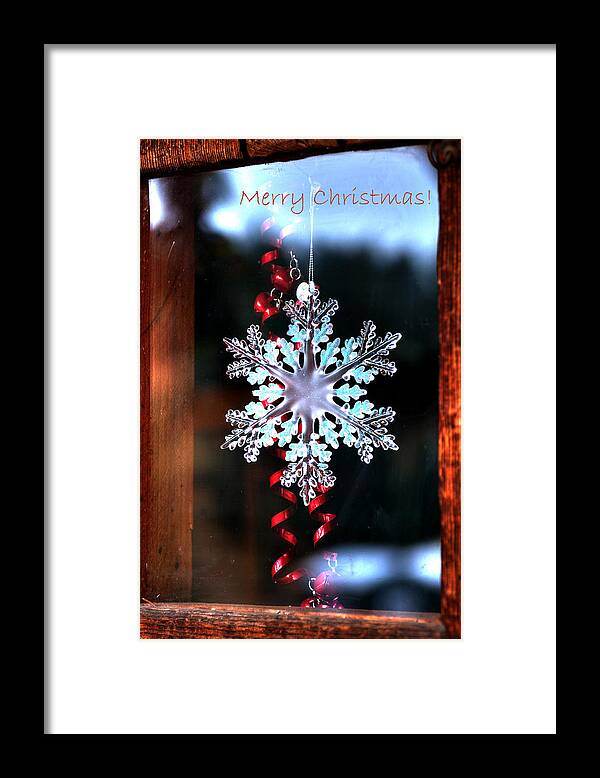 Christmas Framed Print featuring the photograph Snowflake In Window Text 20510 by Jerry Sodorff