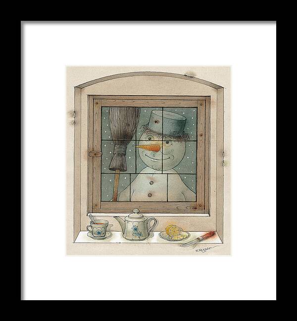 Snowman Framed Print featuring the painting Snowman by Kestutis Kasparavicius