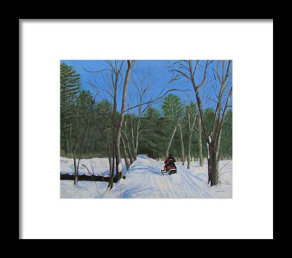 Landscape Framed Print featuring the painting Snowmobile on Trail by Linda Feinberg