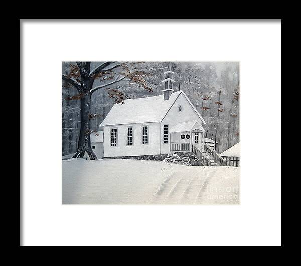 Gates Chapel United Methodist Church In Ellijay Framed Print featuring the painting Snowy Gates Chapel -Little White Church - Ellijay by Jan Dappen