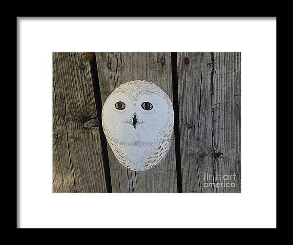 Snowy Framed Print featuring the painting Snowy Owl Rock by Monika Shepherdson