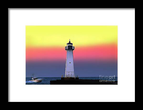 Sodus Outer Lighthouse Framed Print featuring the digital art Sodus Outer Lighthouse by Wernher Krutein