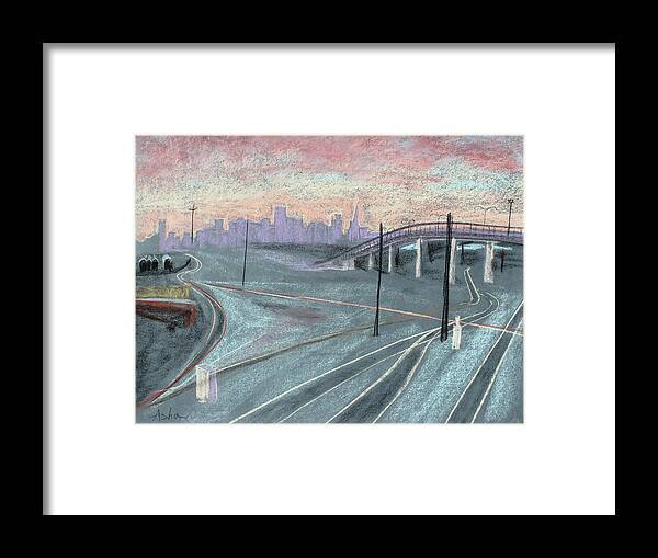 Industrial Landscape; Chalk Pastel Painting; Urban Landscape; Asha Carolyn Young Landscape; Pastel Drawing; Pastel Sketch Framed Print featuring the painting Soft Sunset Over San Francisco and Oakland Train Tracks by Asha Carolyn Young