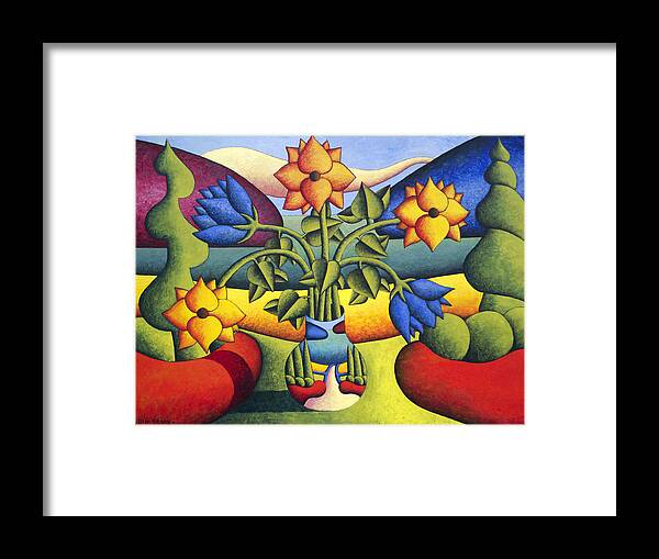  Framed Print featuring the painting Softvase with flowers in landscape by Alan Kenny