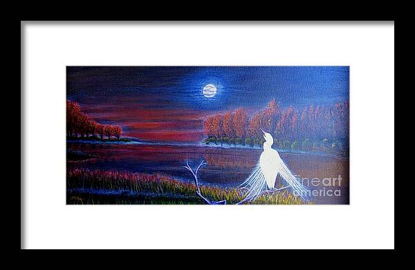 Nightscapes Nature Scene Full Moon Rising As The Sun Is Setting Illuminating The Night Sky Soft Moonlight And Night Clouds Lake Lined With Trees Changing With The Autumn Season And Leaves With Bright Golden Orange And Crimson Leaves Lit With The Light Of The Moon Cattails In The Foreground Submerged In The Lake Water White Crane With Feather Spread Looks Like It Is Dancing To The Light Of The Moon Crane Painting Acrylic Painting Framed Print featuring the painting Song of the Silent Autumn Night by Kimberlee Baxter