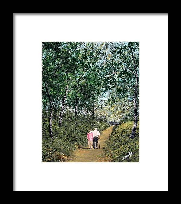 Elderly Couple Walking Framed Print featuring the painting Soul Mates by Gloria E Barreto-Rodriguez