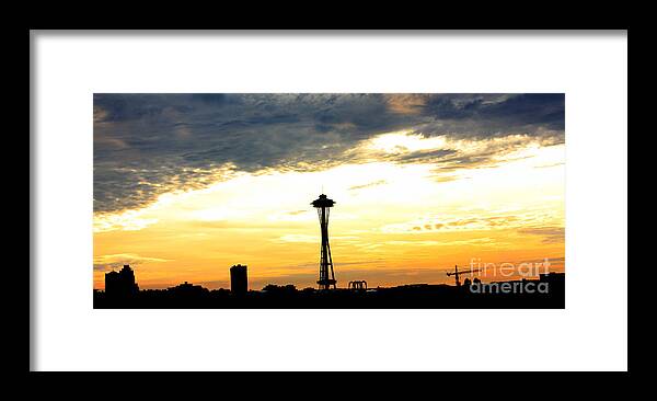 Space Needle Framed Print featuring the photograph Space Needle Sunset Silhouette by Nick Gustafson