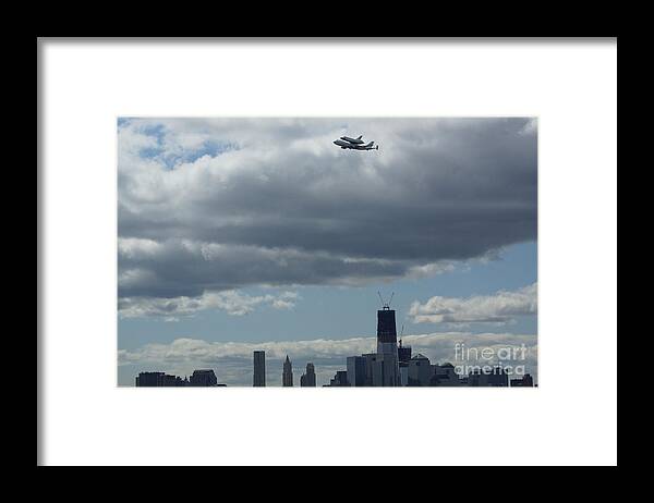 Space Framed Print featuring the digital art Space Shuttle Enterprise flys over NYC by Steven Spak