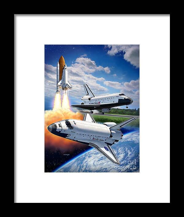 Space Shuttle Framed Print featuring the digital art Space Shuttle Montage by Stu Shepherd