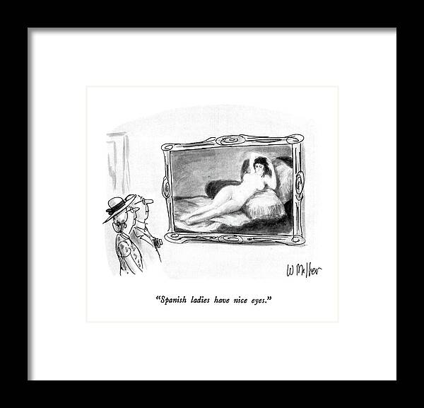 

 Elderly Couple Looking At A Goya Nude. 
Art Framed Print featuring the drawing Spanish Ladies Have Nice Eyes by Warren Miller