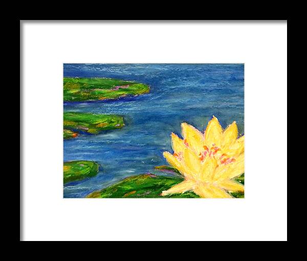 Aquatic Marsh Water Saltwater Color Immpressionist Style Simple Colors Yellow Pink Red Green Lillies Oil Pastel Framed Print featuring the pastel Sparking Lillies by Daniel Dubinsky