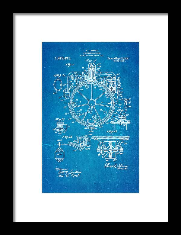 Famous Framed Print featuring the photograph Sperry Gyroscopic Compass Patent Art 1918 Blueprint by Ian Monk