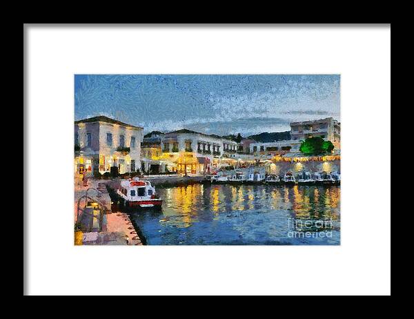 Spetses; Greece; Hellas; Greek; Argosaronic; Saronic; Gulf; Pier; Town; City; Chora; Ntapia Framed Print featuring the painting Spetses town during dusk time by George Atsametakis