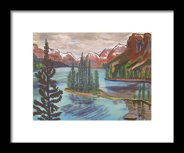 Cottage Framed Print featuring the painting Spirit Island Lake Maligne by Jennylynd James