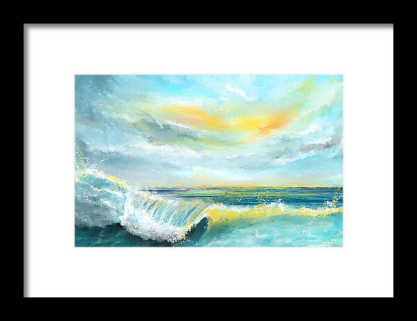Turquoise Framed Print featuring the painting Splash Of Sun - Seascapes Sunset Abstract Painting by Lourry Legarde