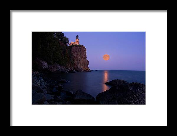 Split Rock Lighthouse Framed Print featuring the photograph Split Rock Lighthouse - Full Moon by Wayne Moran