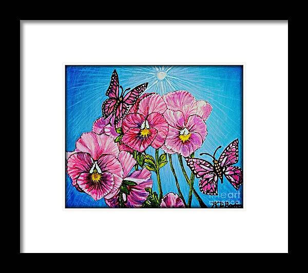 Pink And Purple Pansies With Golden Centers And Stems Pink And Purple Magical Looking Butterflies Flying The Flowers Bright Blue Backgorund Light Source Above Shining Down Flower Paintings Pansies With Butterflies Paintings Spring Flowers Paintings Acrylic Paintings With Classic Border Framed Print featuring the painting Spring Beauties Pansy Pinwheels by Kimberlee Baxter