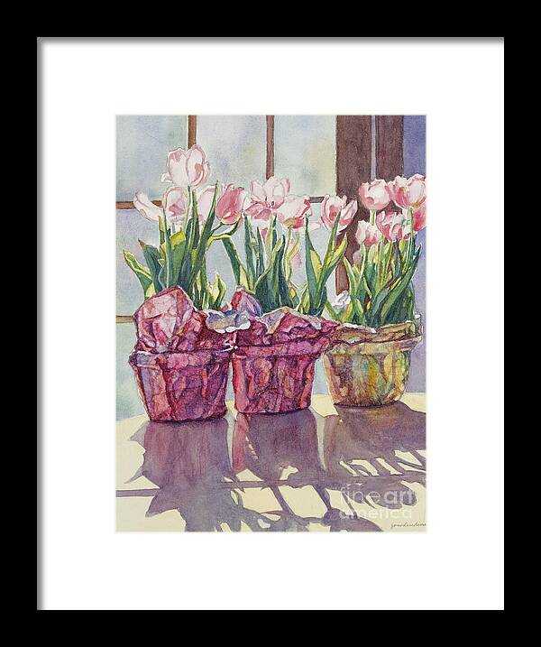 Tulips In Pots Framed Print featuring the painting Spring Shadows by Jan Landini