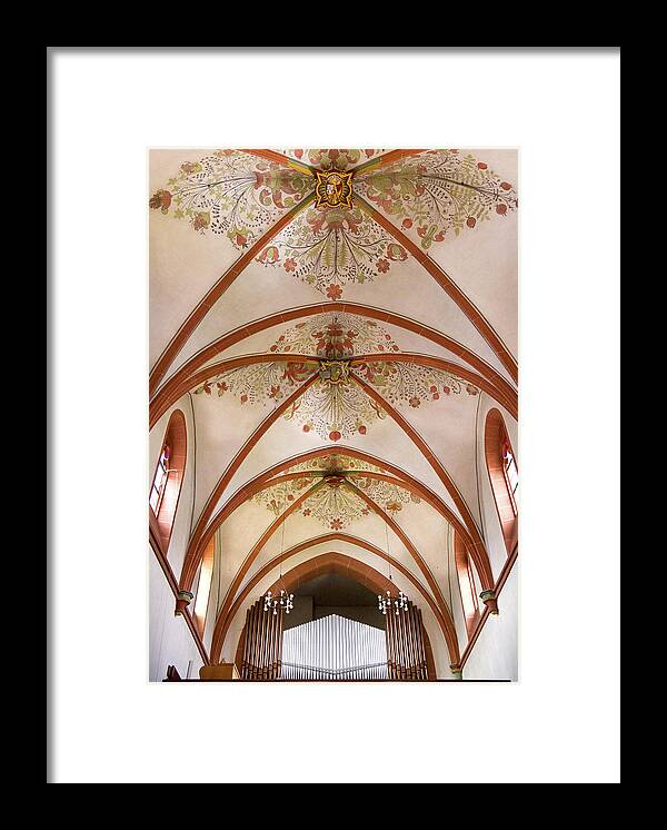 Organ Framed Print featuring the photograph St Goar organ and ceiling by Jenny Setchell