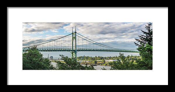 Panoramic Framed Print featuring the photograph St. Johns Bridge In Portland by Deimagine
