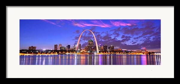 St. Louis Skyline At Dusk Gateway Arch Color Panorama Missouri Framed Print by Jon Holiday