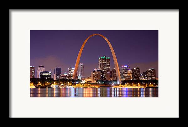 St. Louis Skyline At Night Gateway Arch Color Panorama Missouri Framed Print by Jon Holiday