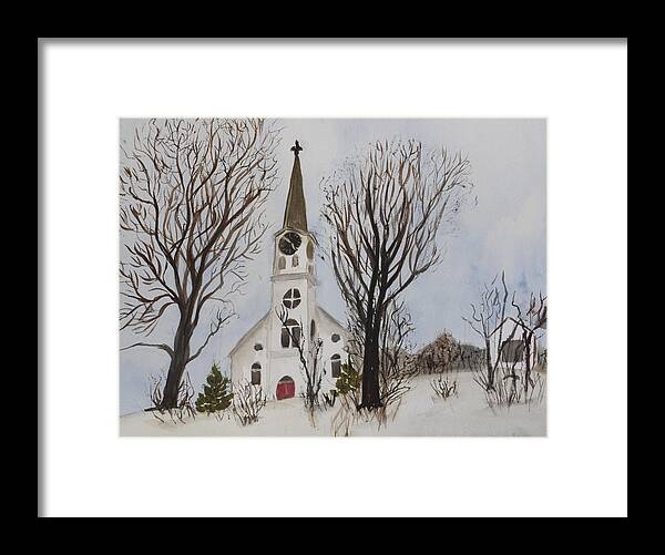 St. Pauls Framed Print featuring the painting St. Pauls Church in Barton VT in Winter by Donna Walsh