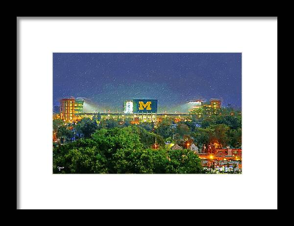 Fineartamerica Framed Print featuring the painting Stadium at Night by John Farr