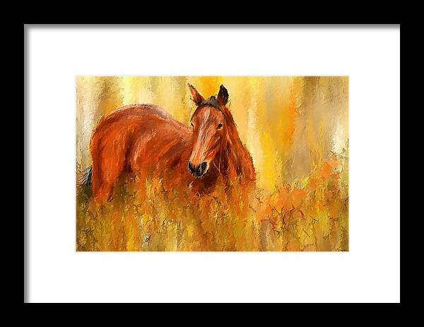 Bay Horse Paintings Framed Print featuring the painting Stallion in Autumn - Bay Horse Paintings by Lourry Legarde