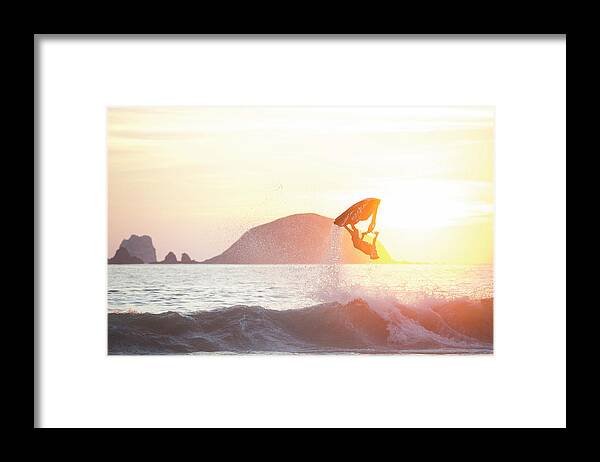 Scenics Framed Print featuring the photograph Stand Up Jet Ski Backflip At Sunset by Marcos Ferro