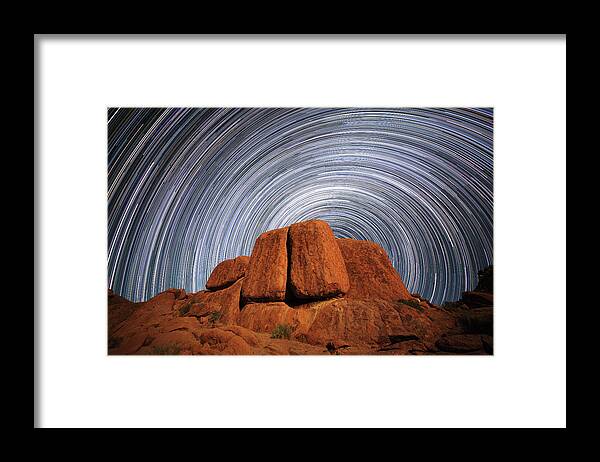 Blur Framed Print featuring the photograph Star Trails Above A Large Boulder by Robert Postma