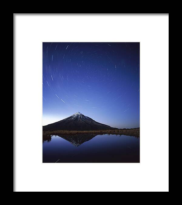 Feb0514 Framed Print featuring the photograph Star Trails Over Mt Taranaki New Zealand by Harley Betts