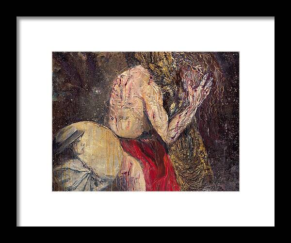 Way Of The Cross Framed Print featuring the painting Station II Jesus Receives the Cross by Patricia Trudeau