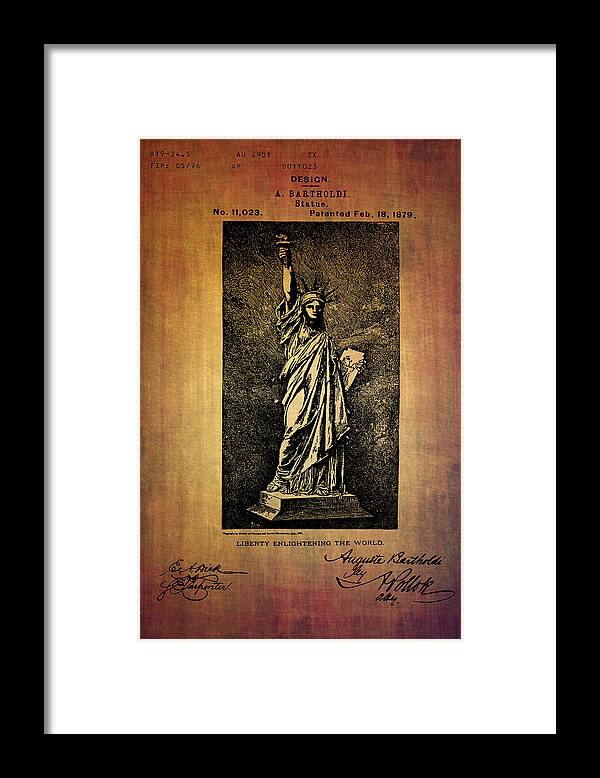 Liberty Framed Print featuring the digital art Statue if liberty original patent by Bartholdi 1879 by Eti Reid